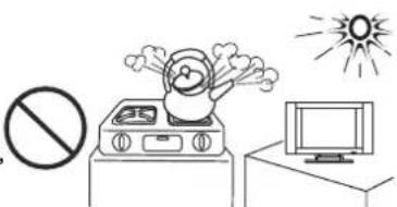 Safety warning illustration showing a person on a fire extinguisher with a 'no sign' symbol, next to a monitor and a sun.