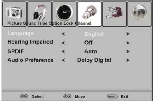 Picture Sound Time Option Lock Channel Language Hearing Impaired SPDIF Audio Preference English Off Auto Dolby Digital Select Move Menu Exit