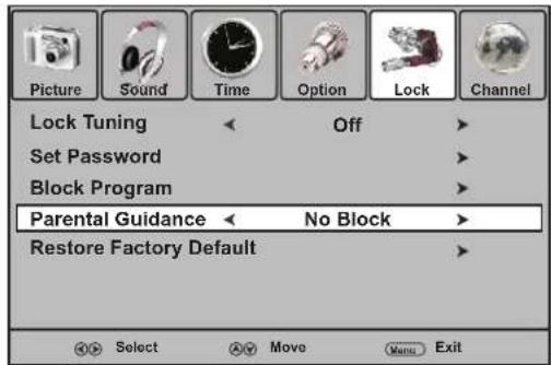 Picture Sound Time Option Lock Channel Lock Tuning Off Set Password Block Program Parental Guidance No Block Restore Factory Default OK Select A Move Menu Exit