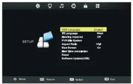 ODS Language English YT Language Well Hearing Impaired Off PVR File System Aspect Radio 10Gb Blue Screen On User Time Implementation Reset Software Update(USB)