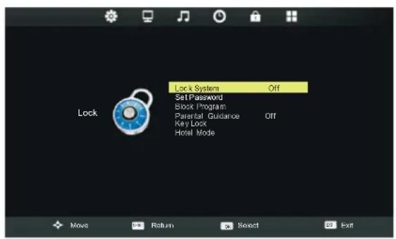 Lock Set Password Block Program Parental Guidance Key Lock Hotel Mode Lock System Off Move 50 Return 36 Select 60 Exit