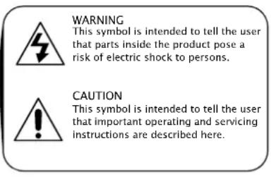 WARNING This symbol is intended to tell the user that parts inside the product pose a risk of electric shock to persons. CAUTION This symbol is intended to tell the user that important operating and servicing instructions are described here.