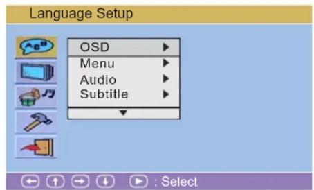 Language Setup OSD Menu Audio Subtitle : Select