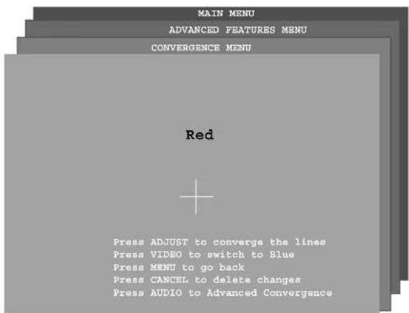 MAIN MENU ADVANCED FEATURES MENU CONVERGENCE MENU Red + Press ADJUST to converge the lines Press VIDEO to switch to Blue Press MENU to go back Press CANCEL to delete changes Press AUDIO to Advanced Convergence