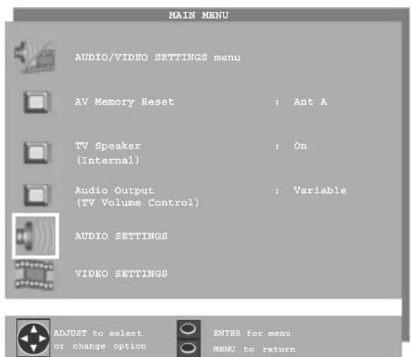 MAIN MENU AUDIO/VIDEO SETTINGS menu AV Memory Reset : Ant A TV Speaker : On (Internal) Audio Output : Variable (TV Volume Control) AUDIO SETTINGS VIDEO SETTINGS ADJUST to select ENTER for menu or change option MENU to return