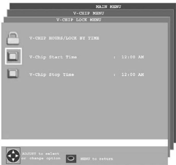 MAIN MENU V-CHIP MENU V-CHIP LOCK MENU V-CHIP HOURS/LOCK BY TIME V-Chip Start Time : 12:00 AM V-Chip Stop Time : 12:00 AM ADJURT to select or change option ○ MENU to return