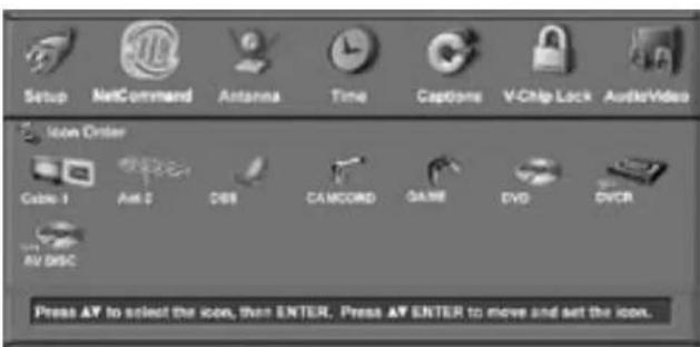 Setup NetCommand Antenna Time Captions V-Chip Lock AudioVideo Icon Enter Cable 1 Anti C D68 CAMCORD GAME DVD OVCR AV DISC Press AV to select the icon, then ENTER. Press AV ENTER to move and set the icon.