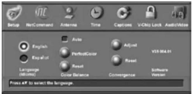 Setup NetCommand Antenna Time Captions V-Chip Lock Audio/Vide English Español Language (MBUs) Auto PerfectColor Reset Color Balance Adjust Reset Convergence Software Version Press AF to select the language.