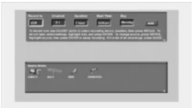Record to VCR Channel Description Start Time Day 12:00pm Monday Add To secure user: new ESCOP? (4/10) to correct recording device, duration, time point NETCost. To re your own sensor settings, highlight bits, and press ESCOP. To change source, press GET/IE, highlight source, then press ESCOP to keep recording. For a bit of all recordings, press ESCOP. Source Device CABAY 1 BNT 2 DBD CASHBOX