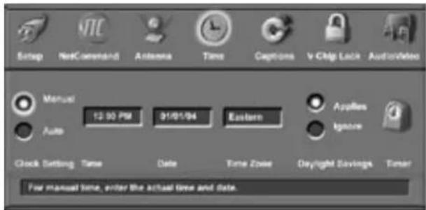 Setup NetCommand Antenna Time Captions v Chg Lock AuthorVideo Manual 12:00 PM 31/01/04 Eastern Applies Ignore Auto Clock Setting Time Date Time Zone Daylight Savings Timer For manual time, enter the actual time and date.