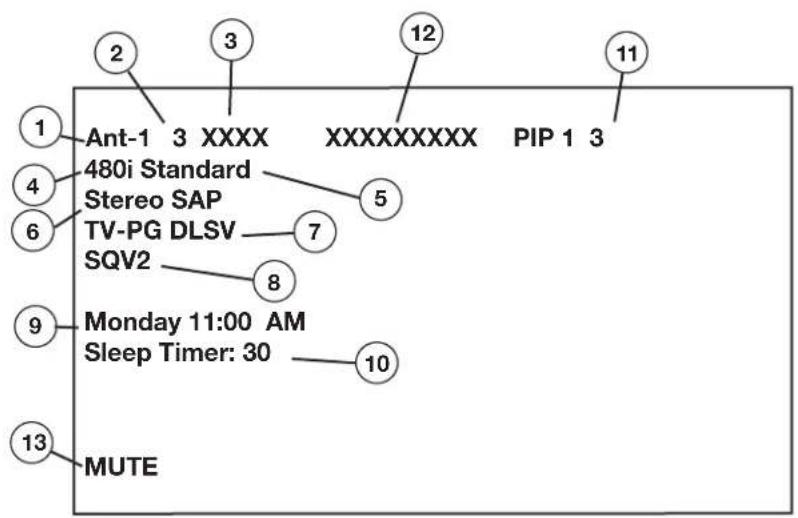 1 Ant-1 3 XXXX XXXXXXXXX PIP 1 3 4 480i Standard Stereo SAP TV-PG DLSV SQV2 7 5 6 8 Monday 11:00 AM Sleep Timer: 30 10 9 MUTE