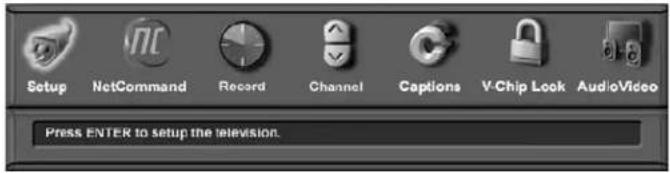 Setup NetCommand Record Channel Captions V-Chip Look AudioVideo Press ENTER to setup the television.