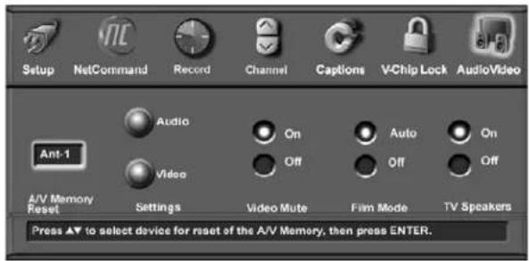 Setup NetCommand Record Channel Captions V-Chip Lock AudioVideo Audio On Auto On Ant-1 Video Off Off Off A/V Memory Reset Settings Video Mute Film Mode TV Speakers Press ▲▼ to select device for reset of the A/V Memory, then press ENTER.