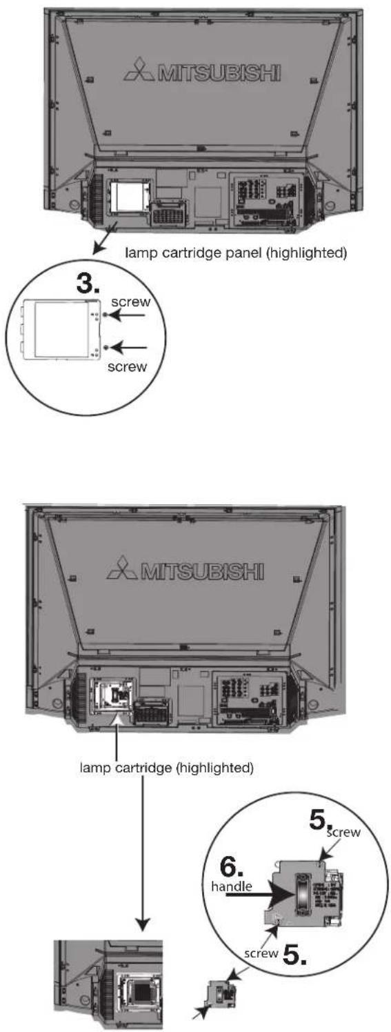 MITSUBISHI lamp cartridge panel (highlighted) 3. screw screw MITSUBISHI lamp cartridge (highlighted) 5.screw 6.handle screw 5.