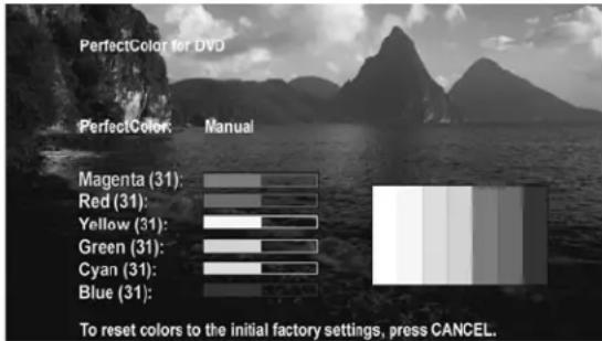 PerfectColor for DVD PerfectColor: Manual Magenta (31): Red (31): Yellow (31): Green (31): Cyan (31): Blue (31): To reset colors to the initial factory settings, press CANCEL.