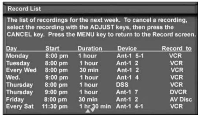 Record List The list of recordings for the next week. To cancel a recording, select the recording with the ADJUST keys, then press the CANCEL key. Press the MENU key to return to the Record screen. Day Start Duration Device Record to Monday 8:00 pm 1 hour Ant-1 5-1 VCR Tuesday 8:00 pm 1 hour Ant-1 2 VCR Every Wed 8:00 pm 30 min Ant-1 2 VCR Wed. 9:00 pm 1 hour Ant-1 4 VCR Thursday 8:00 pm 1 hour DSS VCR Thursday 9:00 pm 1 hour Ant-1 7 DVCR Friday 8:00 pm 30 min Ant-1 2_AV Disc Every Sat 11:30 pm 1 hr 30 min Ant-1 4-1 VCR
