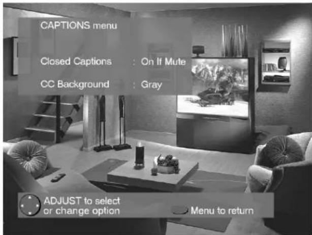 CAPTIONS menu Closed Captions : On If Mute CC Background : Gray ADJUST to select or change option Menu to return
