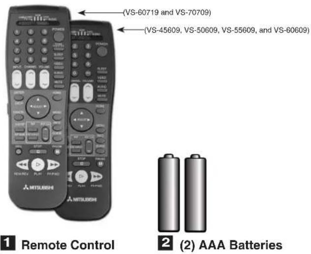(VS-60719 and VS-70709) (VS-45609, VS-50609, VS-55609, and VS-60609) 1 Remote Control 2 (2) AAA Batteries