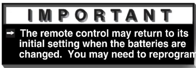 IMPORTANT → The remote control may return to its initial setting when the batteries are changed. You may need to reprogram