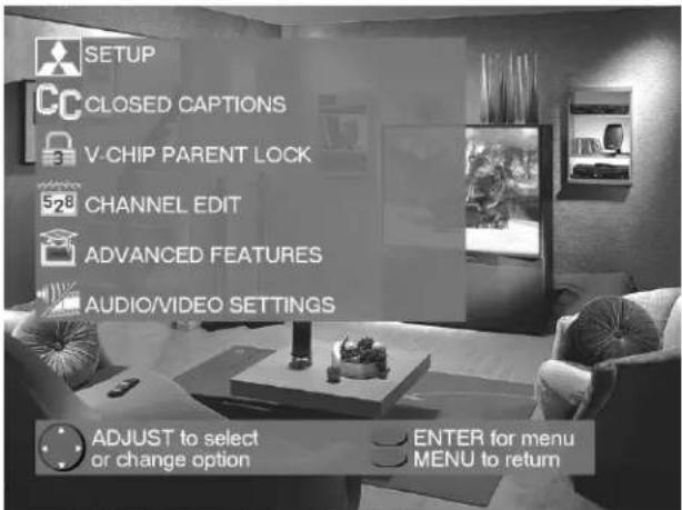 SETUP CLOSED CAPTIONS V-CHIP PARENT LOCK CHANNEL EDIT ADVANCED FEATURES AUDIO/VIDEO SETTINGS ADJUST to select or change option ENTER for menu MENU to return