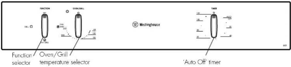 FUNCTION OVEN/GRILL Function selector Oven/Grill temperature selector Westinghouse TIMER 'Auto Off' timer