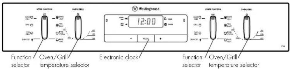 UPPER FUNCTION OVER/GRILL Wectinghouse 12:00 FUNCTION selector Oven/Grill temperature selector Electronic clock FUNCTION selector Oven/Grill temperature selector