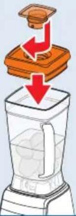 Illustration showing a blender with liquid being placed on top, marked by red arrows indicating downward motion.