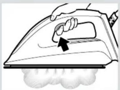 Illustration of a hand using an iron to press down a surface, with a black arrow indicating the motion (no text or symbols present)