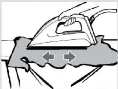 Illustration of a hand using an iron on a surface with directional arrows indicating motion (no text or symbols)