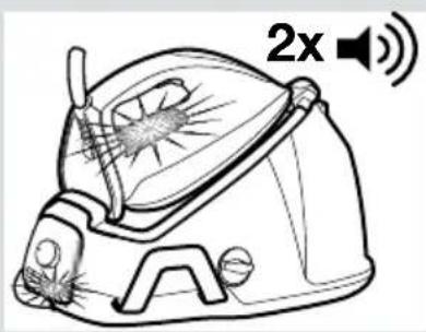 Line drawing of a steam iron with sound waves and a 2x speed indicator (no text or symbols on the diagram itself)