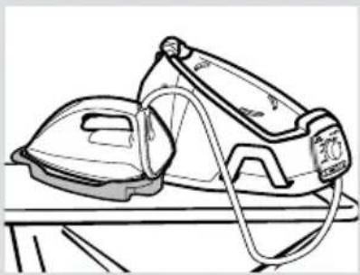 Line drawing of a pair of steam iron on a table (no text or symbols)