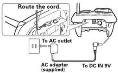 Route the cord. To AC outlet AC adapter (supplied) To DC IN 9V