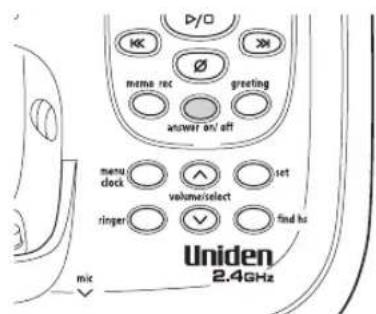 D/O K X Ø greeting answer on/ off menu dock ↑ set volume/select ringer ✓ find hs mix Uniden 2.4GHz