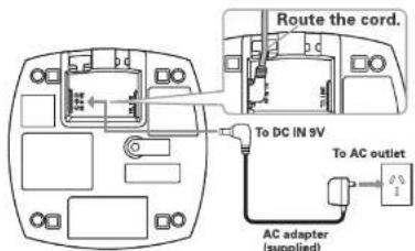Route the cord. To DC IN 9V To AC outlet AC adapter (supplied)