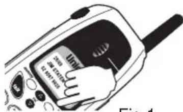 Diagram of a handheld electronic device with labeled control panel and hand interacting with screen