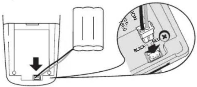 Diagram showing a battery connected to a plug, with an inset highlighting the black and red component.