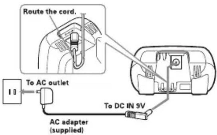 Route the cord. To AC outlet AC adapter (supplied) To DC IN 9V