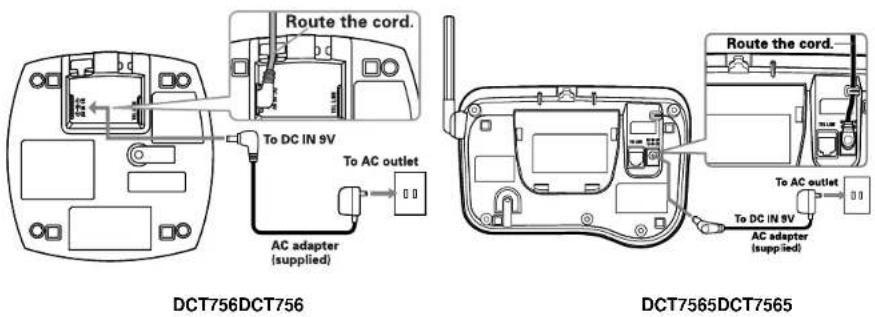 Route the cord. To DC IN 9V To AC outlet AC adapter (supplied) Route the cord. To AC outlet To DC IN 9V AC adapter (supplied) DCT756DCT756 DCT7565DCT7565