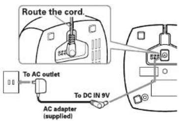 Route the cord. To AC outlet AC adapter (supplied) To DC IN 9V