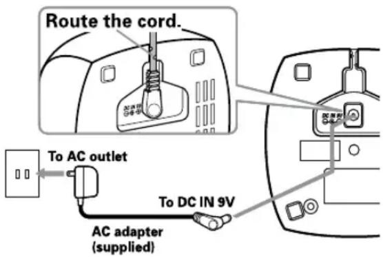 Route the cord. To AC outlet AC adapter (supplied) To DC IN 9V