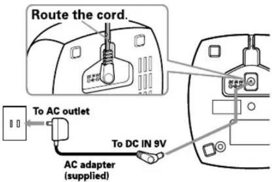 Route the cord. To AC outlet AC adapter (supplied) To DC IN 9V