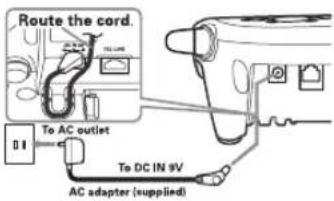 Route the cord. To AC outlet To DC IN #V AC adapter (supplied)