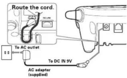 Route the cord. To AC outlet AC adapter (supplied) To DC IN 9V