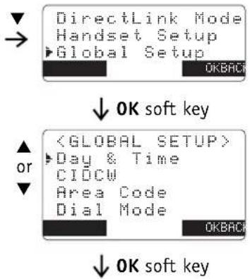 DirectLink Mode Handset Setup Global Setup OKBACK OK soft key Day & Time CIDCW Area Code Dial Mode OKBACK OK soft key