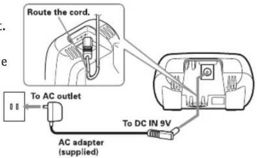 Route the cord. To AC outlet AC adapter (supplied) To DC IN 9V