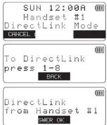 SUN 12:00A Handset #1 DirectLink Mode CANCEL To DirectLink press 1-8 BACK DirectLink from Handset #1 SMER OK