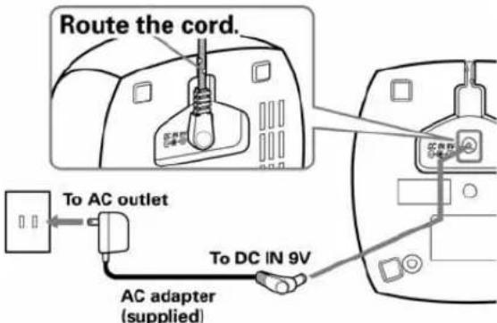 Route the cord. To AC outlet AC adapter (supplied) To DC IN 9V