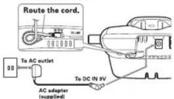 Route the cord. To AC outlet AC adapter (supplied) To DC IN 9V