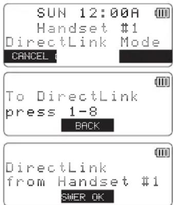 SUN 12:00A Handset #1 DirectLink Mode CANCEL t To DirectLink press 1-8 BACK DirectLink from Handset #1 SMER OK