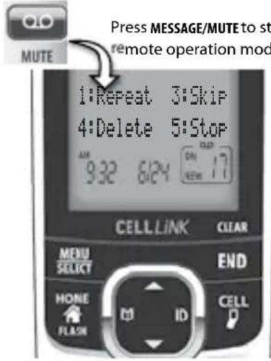 Press MESSAGE/MUTE to st remote operation mod 1:Repeat 3:Skip 4:Delete 5:Stop 9:32 6:24 ON 17 CELL LINK CLEAR MENU SELECT END NONE FLASH ID CELL